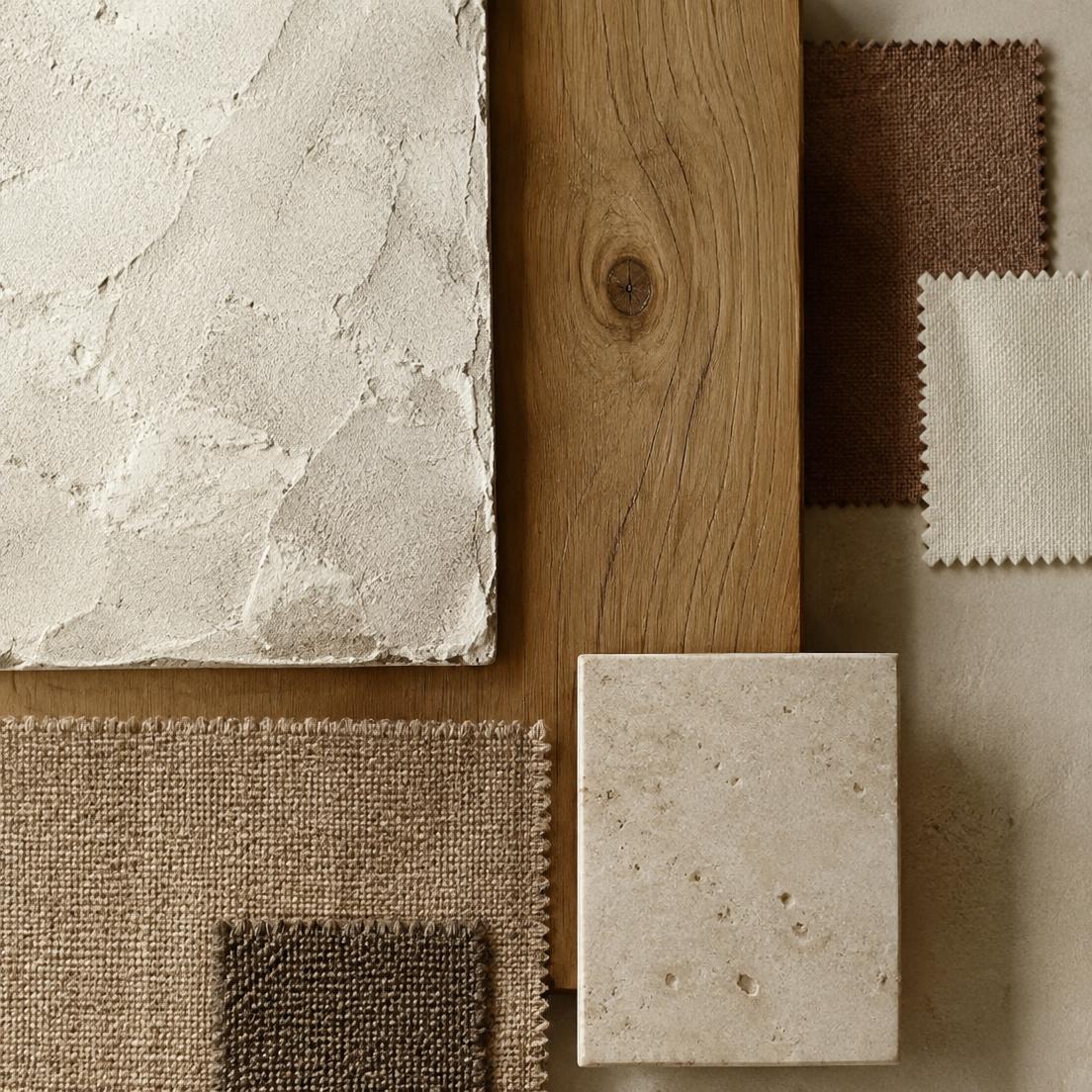 Designer mood board with plaster, oak and textile samples in warm neutral tones